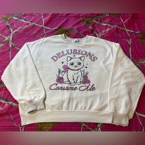 Wound Up Cream Crewneck Sweatshirt with Cat